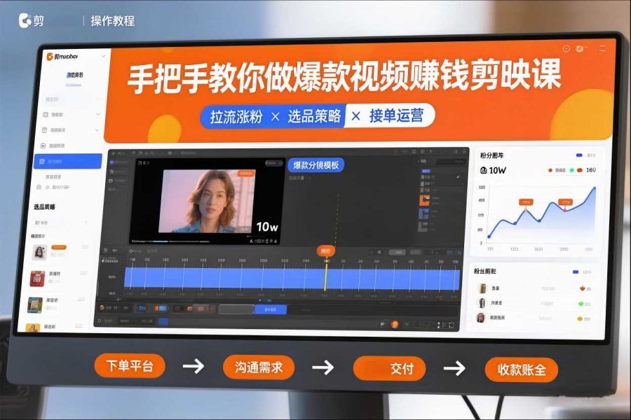 手把手教你做爆款视频赚钱剪映课，手把手教学拉流涨粉、选品策略和接单运营(更新2026)