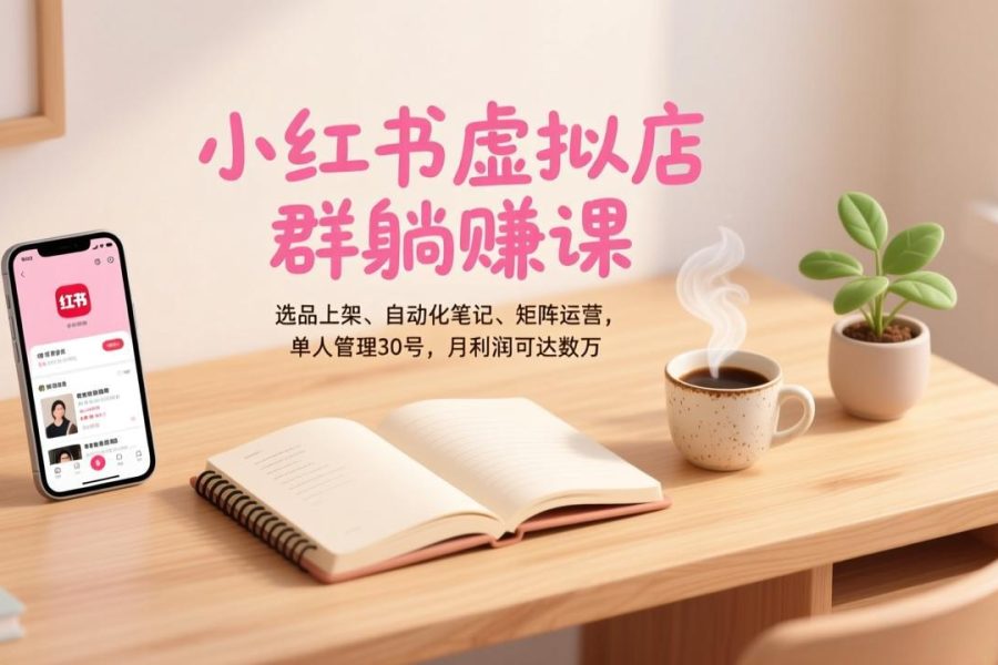小红书虚拟店群躺赚课，选品上架、自动化笔记、矩阵运营，单人管理30号，月利润可达数万