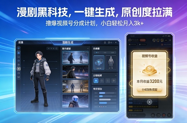 漫剧黑科技，一键生成，原创度拉满，撸爆视频号分成计划，小白轻松月入3k+