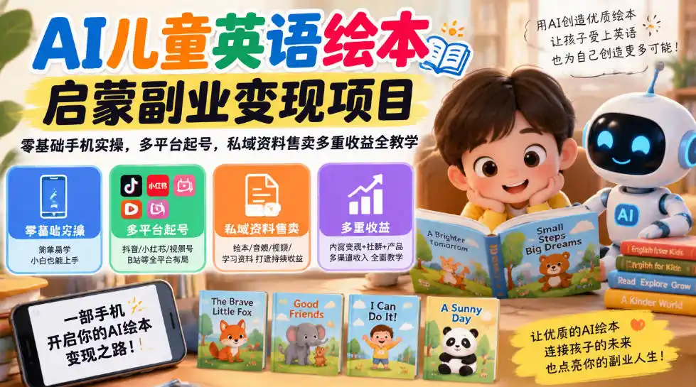AI儿童英语绘本启蒙副业变现项目，零基础手机实操，多平台起号，私域资料售卖多重收益（因人而异，不承诺收益）全教学