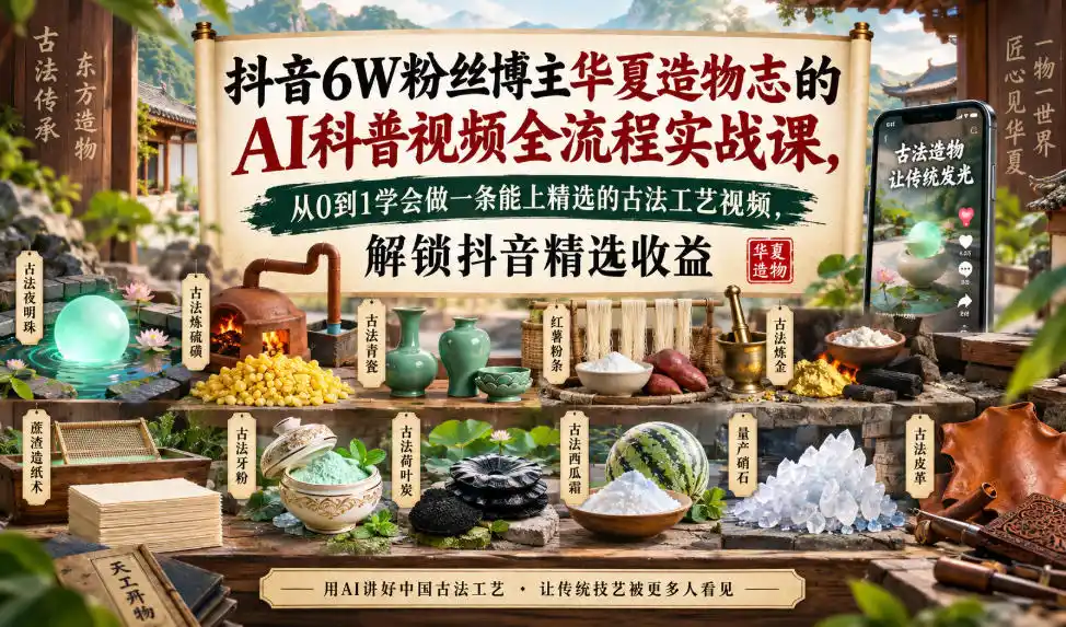 抖音6W粉丝博主华夏造物志的AI科普视频全流程实战课，从0到1学会做一条能上精选的古法工艺视频，解锁抖音精选收益（因人而异，不承诺收益）