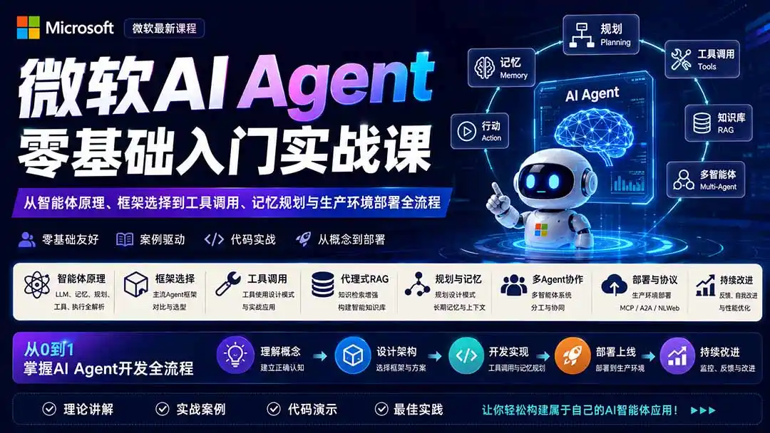 微软AI Agent零基础入门实战课：从智能体原理、框架选择到工具调用、记忆规划与生产环境部署全流程-创课坊