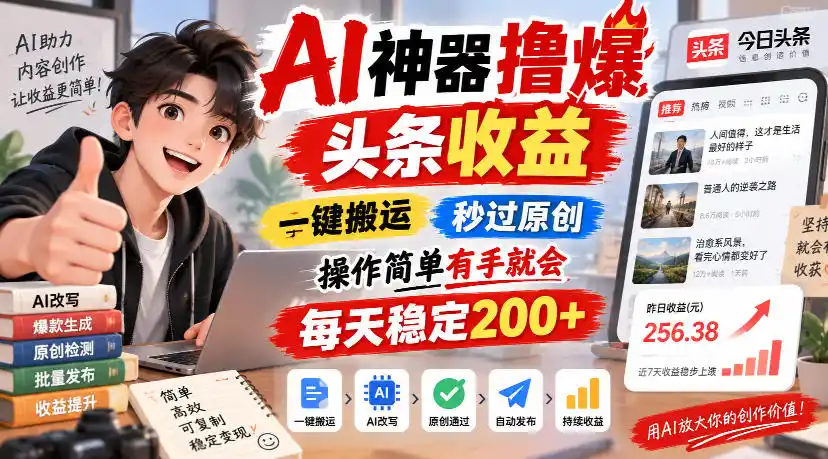 AI神器撸爆头条收益（因人而异，不承诺收益），一键搬运，秒过原创，操作简单有手就会，每天稳定200+【揭秘】