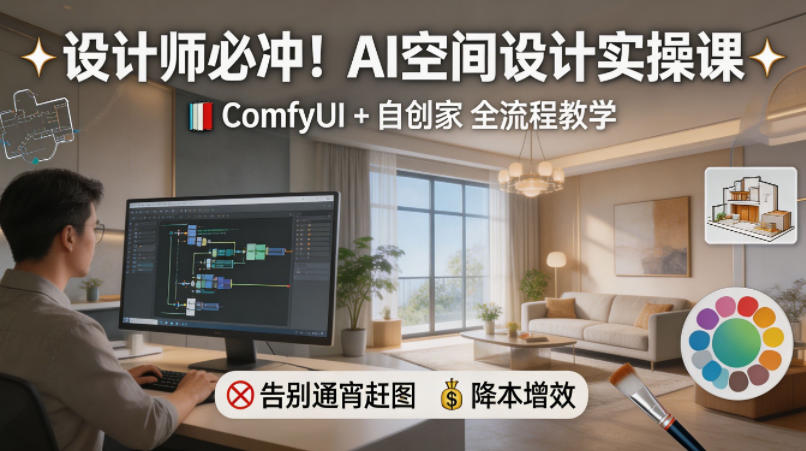 设计师必冲！AI空间设计实操课，ComfyUI+自创家全教学，告别通宵赶图，降本增效-创课坊