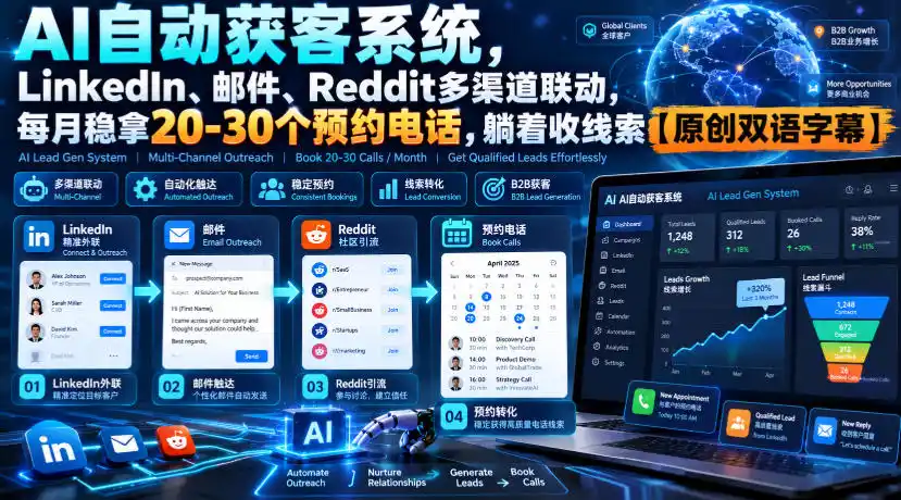 【无水印】AI自动获客系统,LinkedIn、邮件、Reddit多渠道联动,每月稳拿20-30个预约电话,躺着收线索【原创双语字幕】