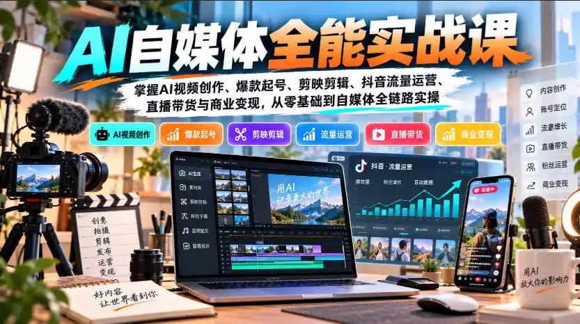 【无水印】AI自媒体全能实战课，掌握AI视频创作、爆款起号、剪映剪辑、抖音流量运营、直播带货与商业变现，从零基础到自媒体全链路实操