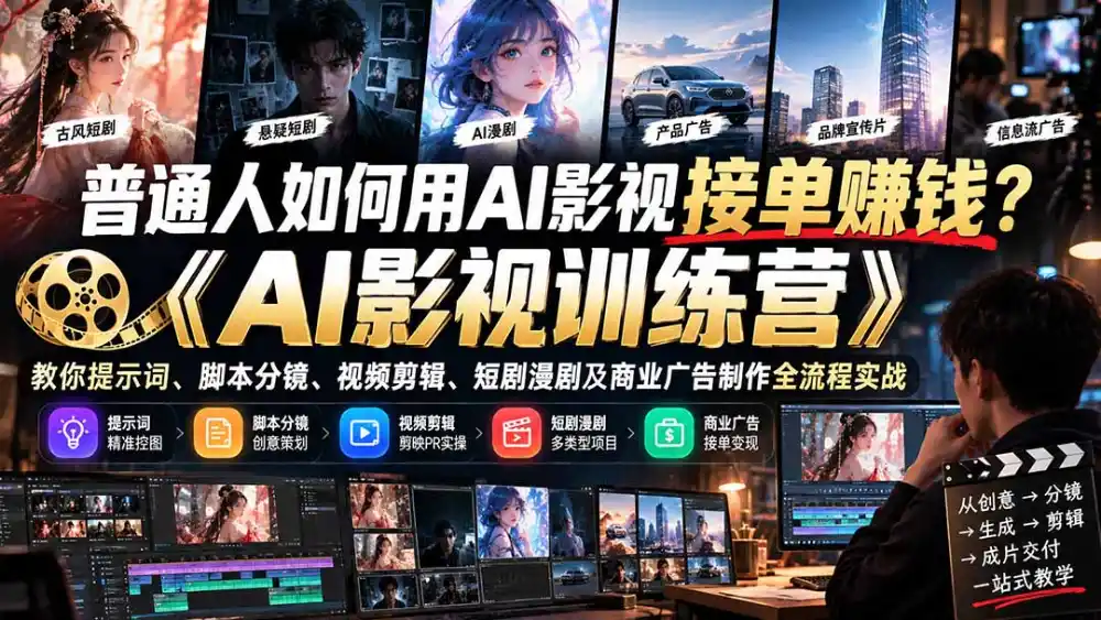 普通人如何用AI影视接单赚钱?《AI影视训练营》教你提示词、脚本分镜、视频剪辑、短剧漫剧及商业广告制作全流程实战