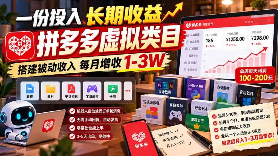 一份投入长期收益（因人而异，不承诺收益），拼多多虚拟类目，搭建被动收入（因人而异，不承诺收益）每月增收 1-3W