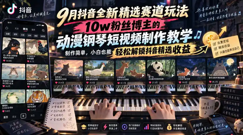 9月抖音全新精选赛道玩法,10w粉丝博主的动漫钢琴短视频制作教学,制作简单,小白也能轻松解锁抖音精选收益(因人而异,不承诺收益)