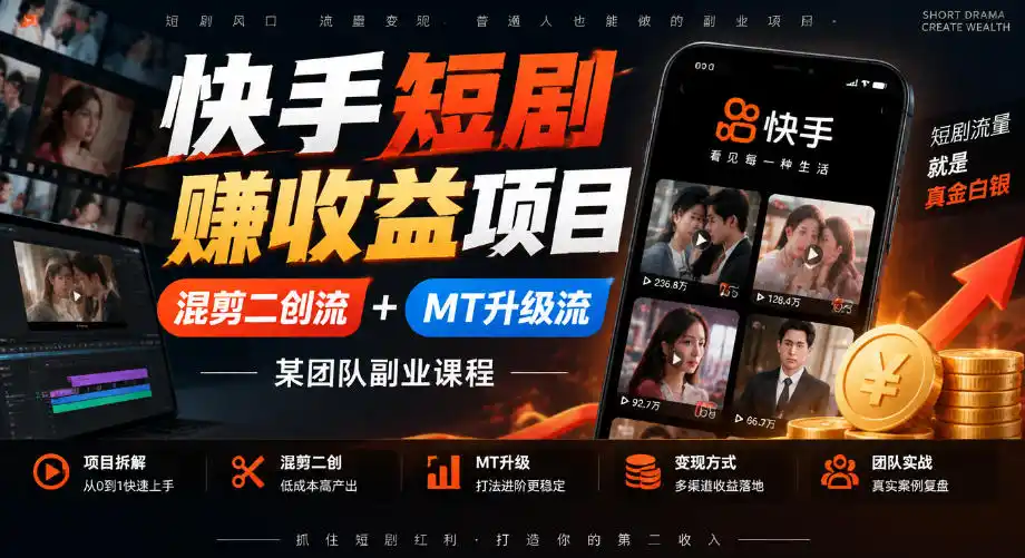 快手短剧賺收益（因人而异，不承诺收益）项目，混剪二创流+MT升级流，某团队副业课程
