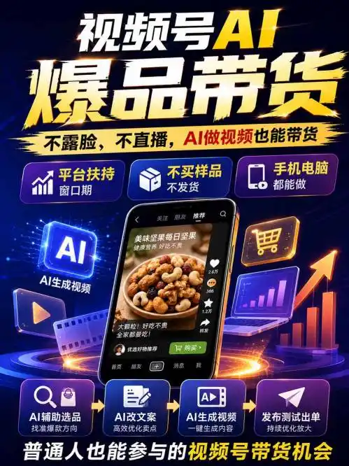 视频号Ai爆品带货，不露脸、不直播、不买样品、不开店、不发货，AI做视频也能带货，轻松单日（因人而异，不承诺收益）佣金1k+