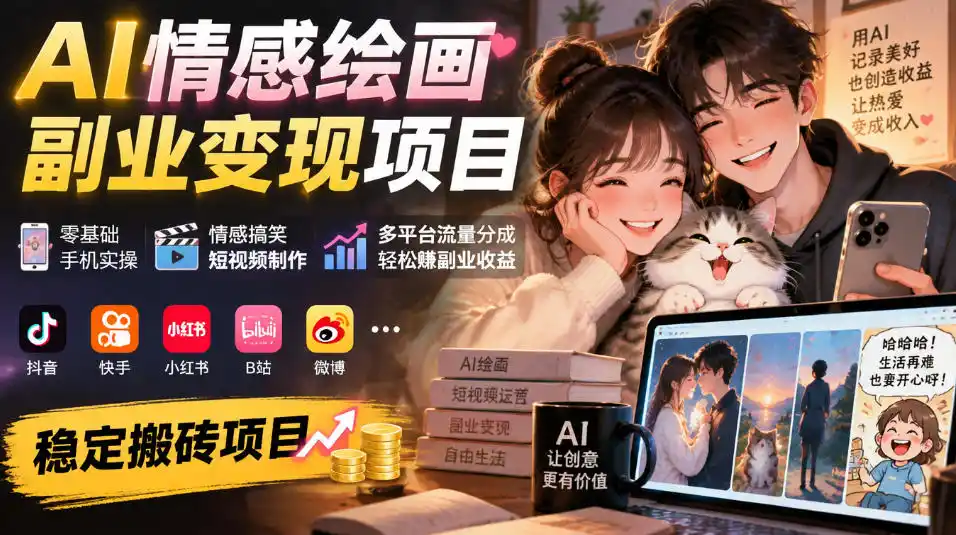 AI情感绘画副业变现项目|零基础手机实操,情感搞笑短视频制作,多平台流量分成轻松賺副业收益(因人而异,不承诺收益)