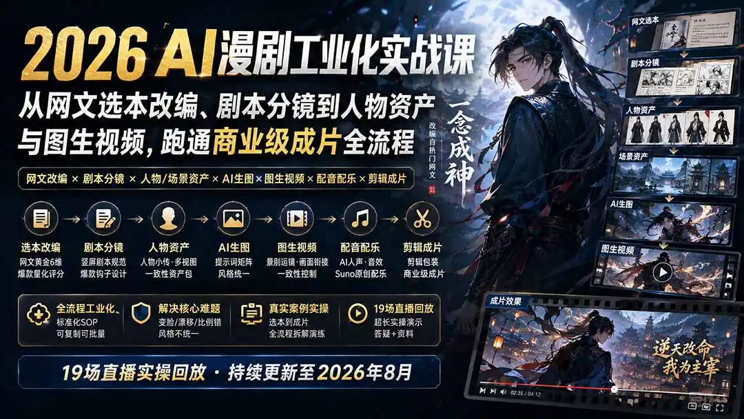 2026 AI漫剧工业化实战课-更新：从网文选本改编、剧本分镜到人物资产与图生视频，跑通商业级成片全流程-创课坊