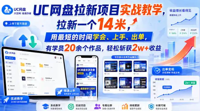 UC网盘拉新项目实战教学，拉新一个14米，用最短的时间学会、上手、出单，有学员20余个作品，轻松斩获2w+收益（因人而异，不承诺收益）（更新1015）