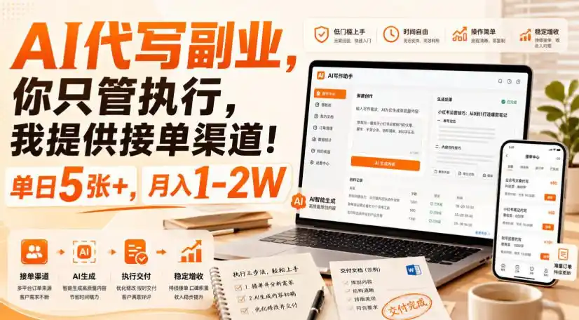 AI代写副业，你只管执行，我提供接单渠道！单日（因人而异，不承诺收益）5张+，月入（因人而异，不承诺收益）1-2W【揭秘】-创课坊