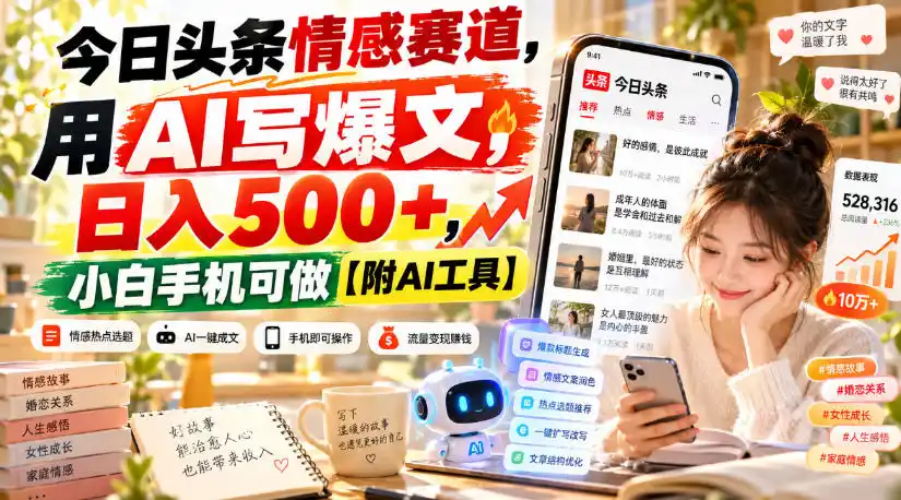 今日头条情感赛道,用AI写爆文,日入(因人而异,不承诺收益)500+,小白手机可做【附AI工具】