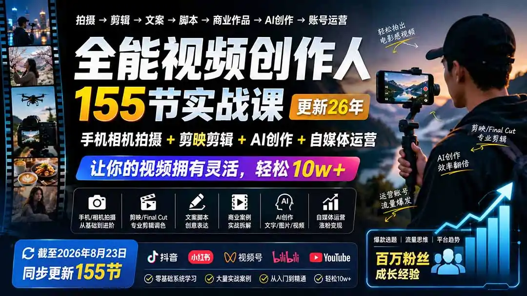 全能视频创作人155节实战课-更新26年8月：手机相机拍摄+剪映剪辑+AI创作+自媒体运营，让你的视频拥有灵活，轻松10w-创课坊