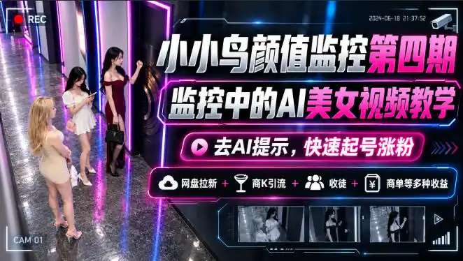 小小鸟颜值监控第四期,监控中的AI美女视频教学,去AI提示,快速起号涨粉,网盘拉新+商K引流+收徒+商单等多种收益(因人而异,不承诺收益)