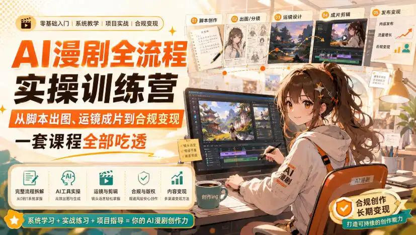 AI漫剧全流程实操训练营，从脚本出图、运镜成片到合规变现，一套课程全部吃透-创课坊