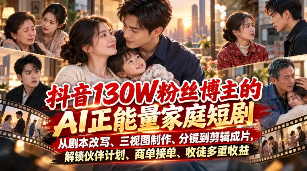 抖音130W粉丝博主的AI正能量家庭短剧,从剧本改写、三视图制作、分镜到剪辑成片,解锁伙伴计划、商单接单、收徒多重收益(因人而异,不承诺收益)(更新1007)