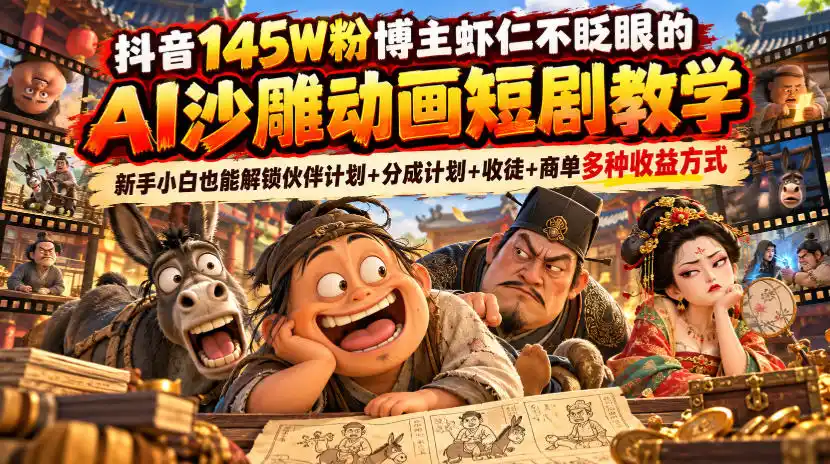 抖音145W粉博主虾仁不眨眼的AI沙雕动画短剧教学，新手小白也能解锁伙伴计划+分成计划+收徒+商单多种收益（因人而异，不承诺收益）方式