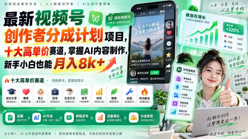最新视频号创作者分成计划项目,十大高单价赛道,掌握AI内容制作,新手小白也能月入(因人而异,不承诺收益)8k+