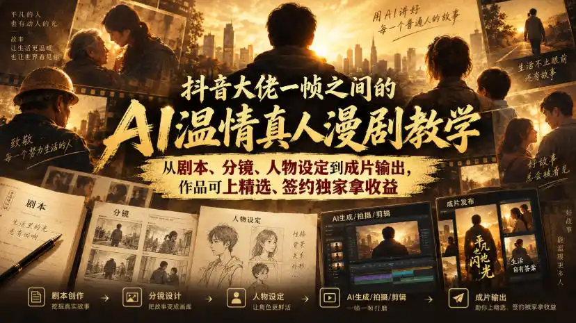 抖音大佬一帧之间的AI温情真人漫剧教学，从剧本、分镜、人物设定到成片输出，作品可上精选、签约独家拿收益（因人而异，不承诺收益）