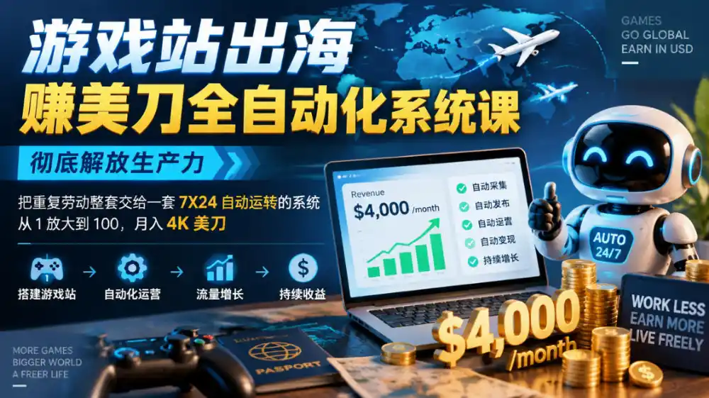 游戏站出海賺美刀全自动化系统课,彻底解放生产力--把重复劳动整套交给一套7X24自动运转的系统,从1放大到100,月入(因人而异,不承诺收益)4K美刀
