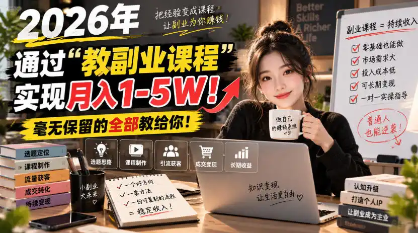 2026年通过“教副业课程”实现月入(因人而异,不承诺收益)1-5W!毫无保留的全部教给你!【揭秘】