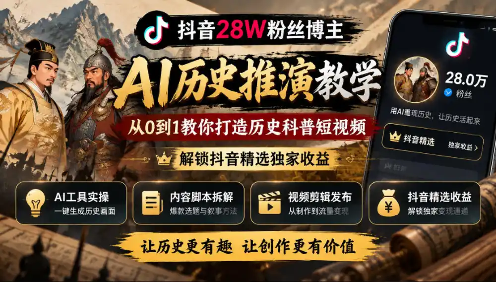 抖音28W粉丝博主的AI历史推演教学，从0到1教你打造历史科普短视频，解锁抖音精选独家收益（因人而异，不承诺收益）