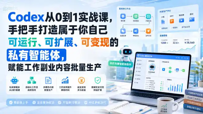 Codex从0到1实战课，手把手打造属于你自己可运行、可扩展、可变现的私有智能体，赋能工作副业内容批量生产-创课坊