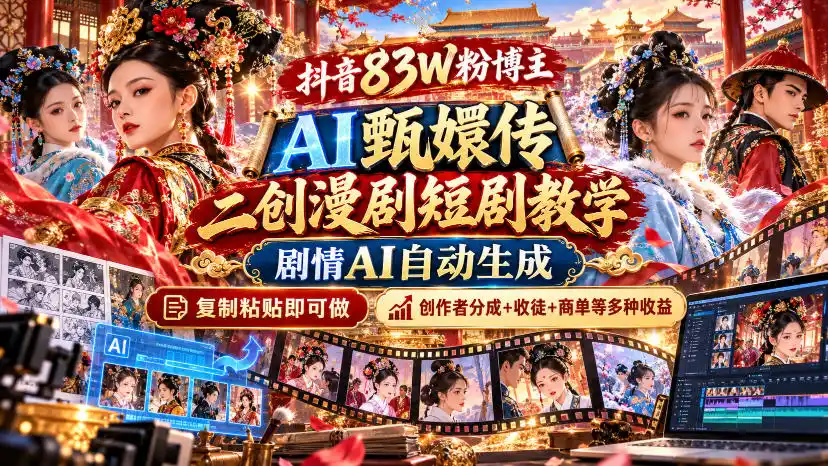 抖音83W粉博主AI甄嬛传二创漫剧短剧教学|剧情AI自动生成,复制粘贴即可做,各大平台创作者分成+收徒等多种收益(因人而异,不承诺收益)