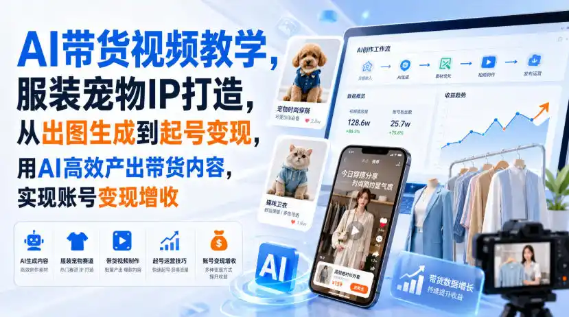 AI带货视频教学，服装宠物IP打造，从出图生成到起号变现，用AI高效产出带货内容，实现账号变现增收-创课坊