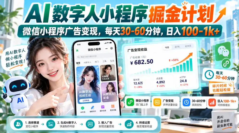 【无水印】AI数字人小程序掘金计划，微信小程序广告变现，每天30‑60分钟，日入（因人而异，不承诺收益）100‑1k+
