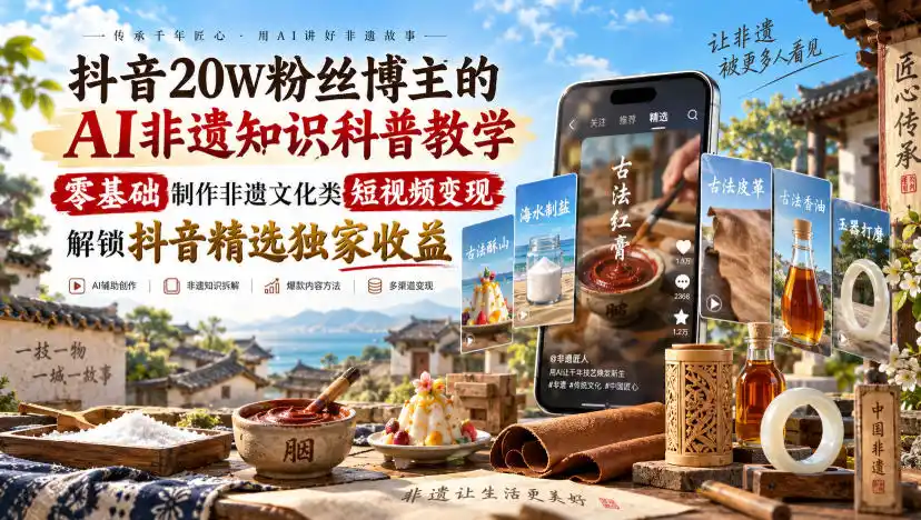 抖音20W粉丝博主的AI非遗知识科普教学,零基础制作非遗文化类短视频变现,解锁抖音精选独家收益(因人而异,不承诺收益)