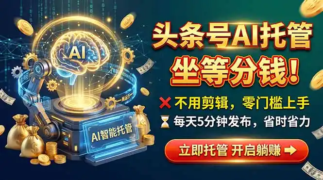 头条AI视频托管，你出号我运营，每天花5分钟发布，月赚1W+，手机可做