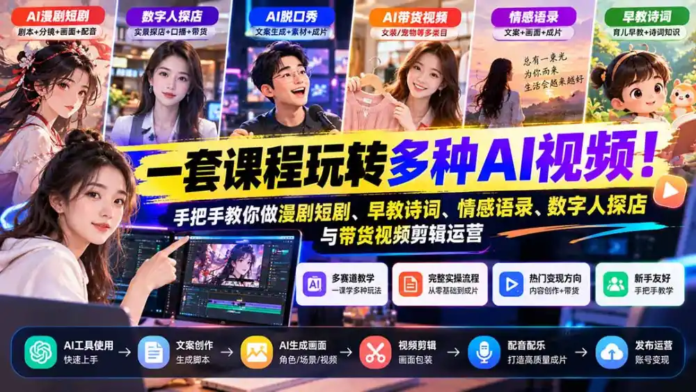 【无水印】一套课程玩转多种AI视频!手把手教你做漫剧短剧、早教诗词、情感语录、数字人探店与带货视频剪辑运营