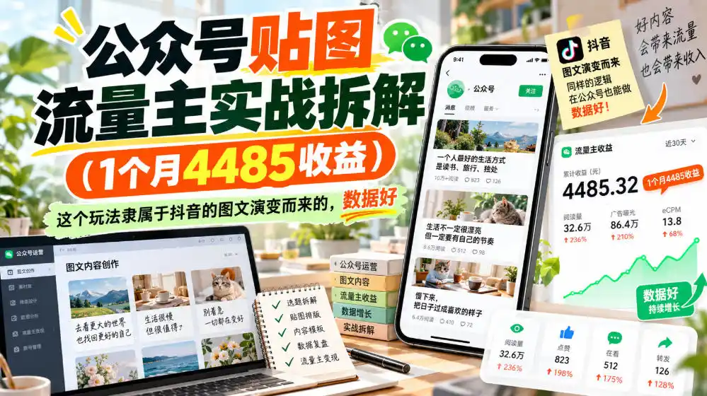 公众号贴图流量主实战拆解(1个月4485收益(因人而异,不承诺收益)),这个玩法隶属于抖音的图文演变而来的,数据好