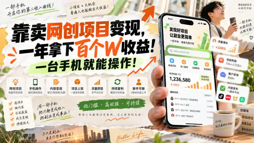 网创小程序虚拟资料变现，一年拿下百万收益（因人而异，不承诺收益），一部手机就可以做，0成本变现副业！