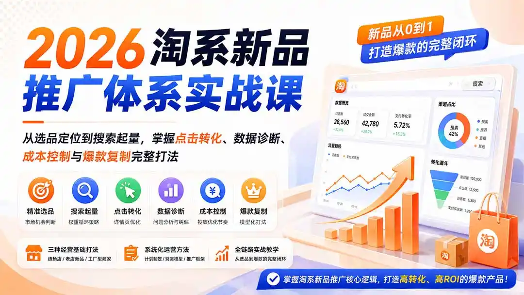 2026淘系新品推广体系实战课:从选品定位到搜索起量,掌握点击转化、数据诊断、成本控制与爆款复制完整打法