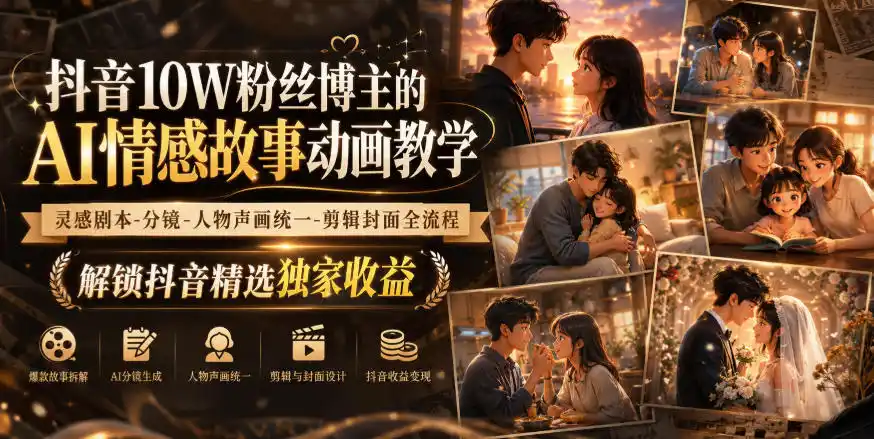 抖音10W粉丝博主的AI情感故事动画教学,灵感剧本‑分镜‑人物声画统一‑剪辑封面全流程,解锁抖音精选独家收益(因人而异,不承诺收益)