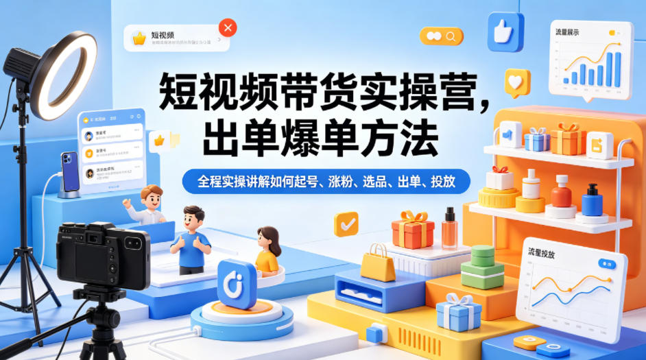 短视频带货实操营，出单爆单方法，全程实操讲解如何起号、涨粉、选品、出单、投放(更新0515)-创课坊