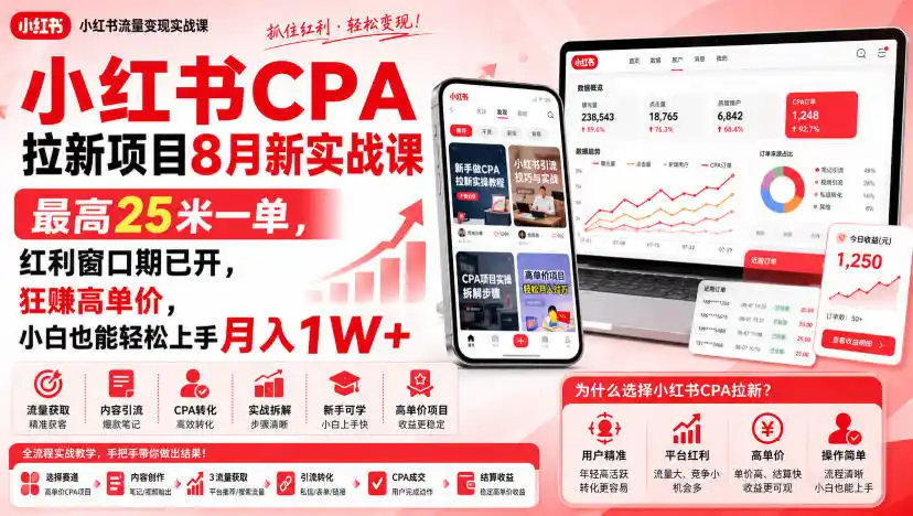 小红书CPA拉新项目8月新实战课,最高25米一单,红利窗口期已开,狂賺高单价,小白也能轻松上手月入(因人而异,不承诺收益)1W+-创课坊