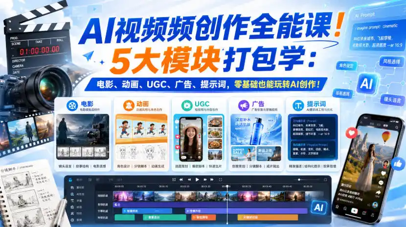 AI视频频创作全能课！5大模块打包学：电影、动画、UGC、广告、提示词，零基础也能玩转AI创作！【原创双语字幕】-创课坊
