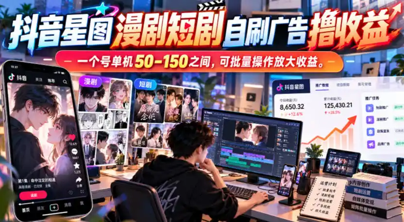 抖音星图漫剧短剧自刷广告撸收益(因人而异,不承诺收益),一个号单机50-150之间,可批量操作放大收益(因人而异,不承诺收益)