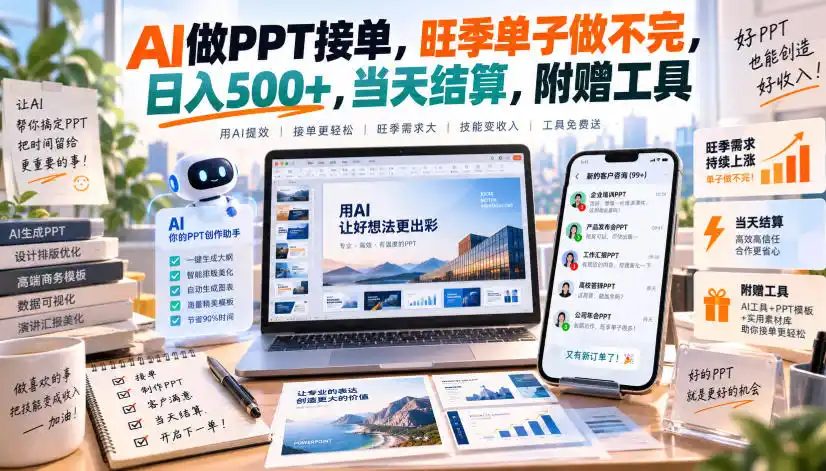 AI做PPT接单，旺季单子做不完，日入（因人而异，不承诺收益）500+，当天结算，附赠工具【揭秘】