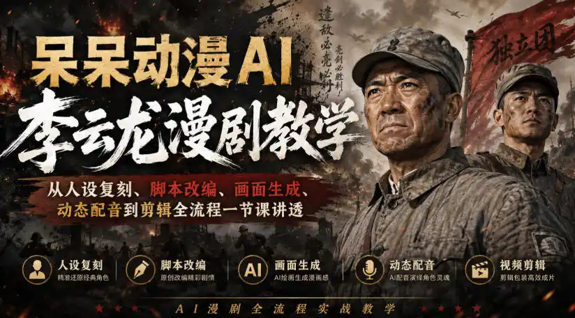 呆呆动漫AI李云龙漫剧教学，从人设复刻、脚本改编、画面生成、动态配音到剪辑全流程一节课讲透-创课坊