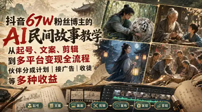 抖音67W粉丝博主的AI民间故事教学，从起号、文案、剪辑到多平台变现全流程，伙伴分成计划接广告等多种收益（因人而异，不承诺收益），月入（因人而异，不承诺收益）1W+