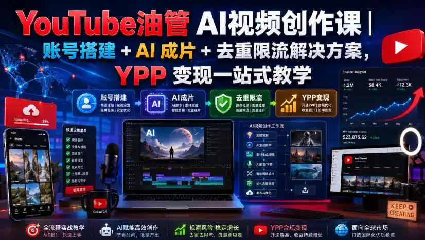 YouTube油管AI视频创作课｜账号搭建+AI成片+去重限流解决方案，YPP变现一站式教学(更新0809)