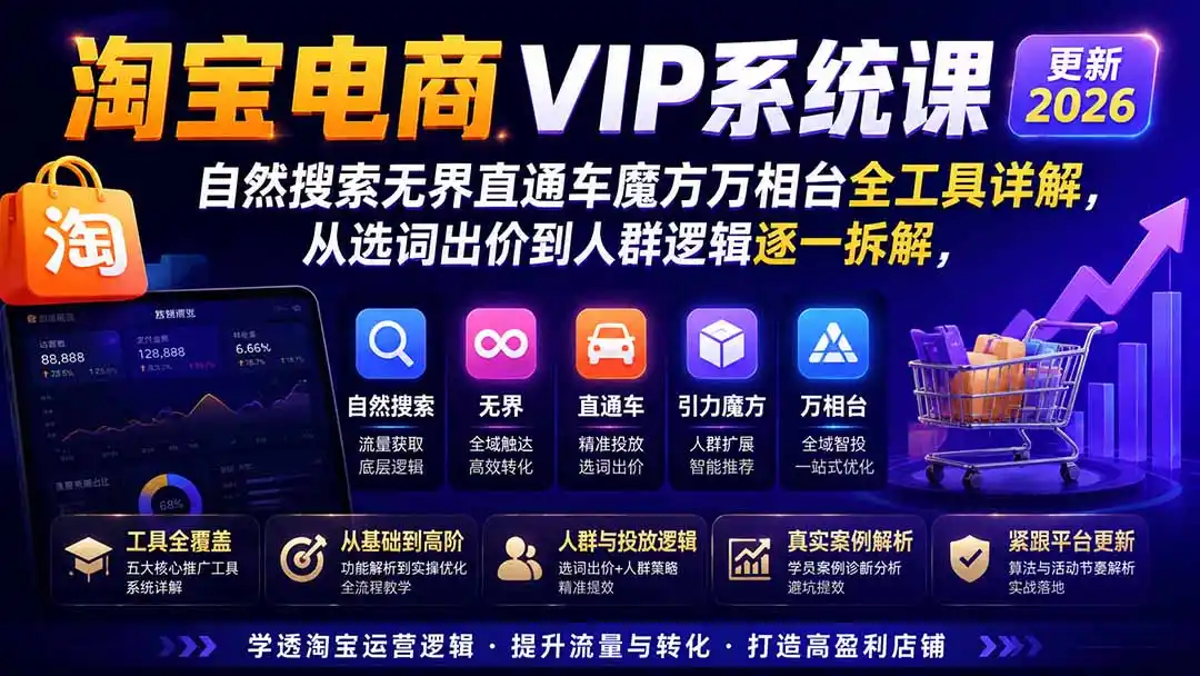 淘宝电商VIP系统课-更新8月；自然搜索无界直通车魔方万相台全工具详解，从选词出价到人群逻辑逐一拆解